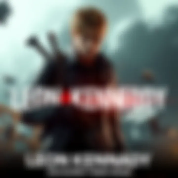 Leon Kennedy stands confidently with his iconic jacket and short hair, holding a weapon, surrounded by a dramatic game setting.