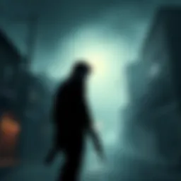 Leon Kennedy stands in a foggy street in Silent Hill, holding a weapon and looking into the darkness, surrounded by eerie buildings and a mysterious atmosphere.