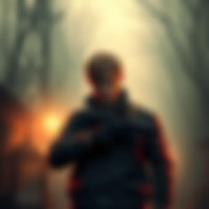 Leon Kennedy standing in a foggy Silent Hill, ready for action with his weapon drawn and a worried expression on his face.