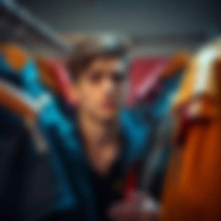 A young man named Leon looks upset as he searches through a rack of jackets, showing signs of frustration. Several empty hangers are visible, suggesting his jackets are missing.