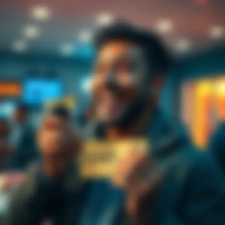 Leon Smiling with Lottery Ticket Leon looks excited while holding a lottery ticket, reflecting a moment of surprise and joy.