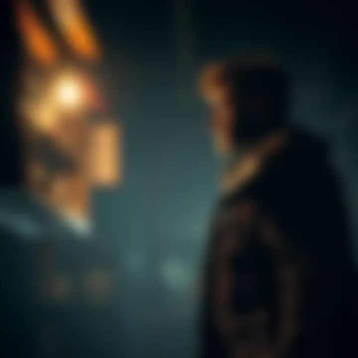 Leon stands facing the merchant in a dark, mysterious setting, with a flickering light illuminating their interaction.