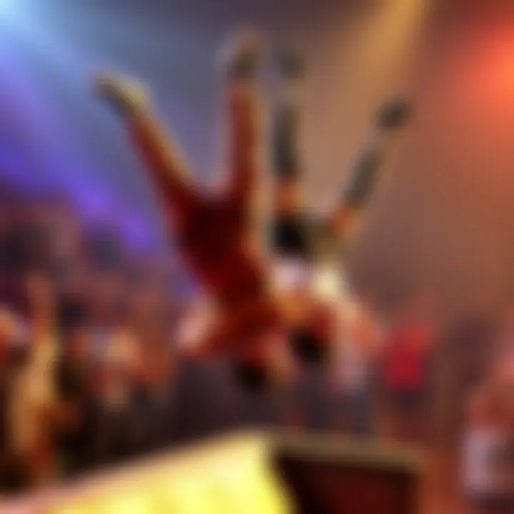 Leon and Miles Backflip Showdown Leon and Miles performing backflips in a lively competition, with an excited crowd watching them.