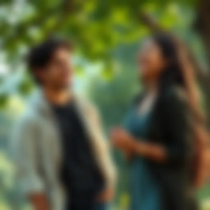 Leon telling a joke to Mina Leon stands with a playful smile, sharing a light-hearted joke with Mina, who laughs joyfully. They are outdoors, surrounded by greenery.