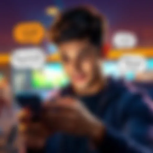 A person named Leon focused on his smartphone, with a playful expression, surrounded by funny guess bubbles from friends.