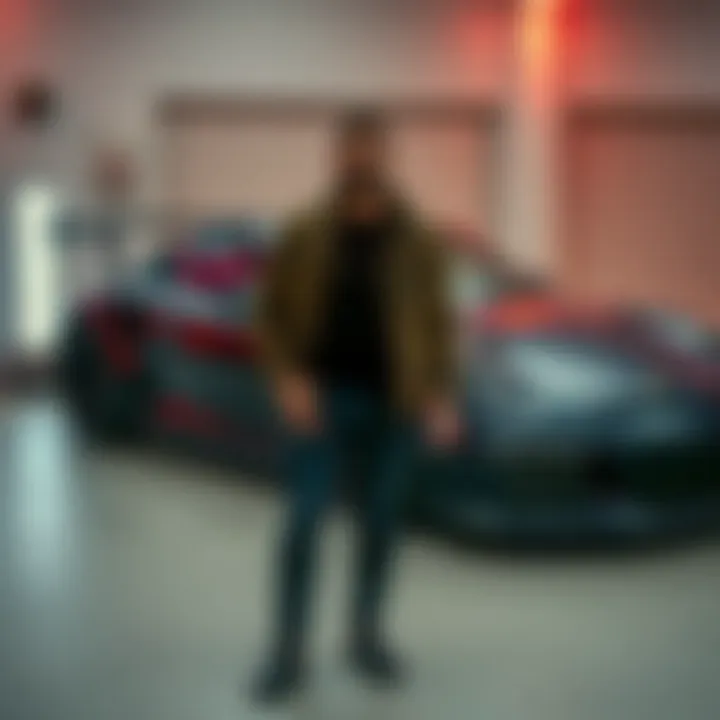 Leon stands next to a sleek Porsche wearing a stylish Schott NYC jacket, highlighting his luxurious lifestyle.