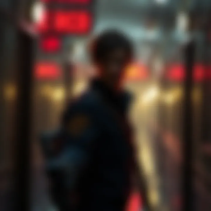 Leon Kennedy exploring the dark hallways of the Raccoon City Police Department, showcasing the tense atmosphere of Resident Evil 2 (2019)