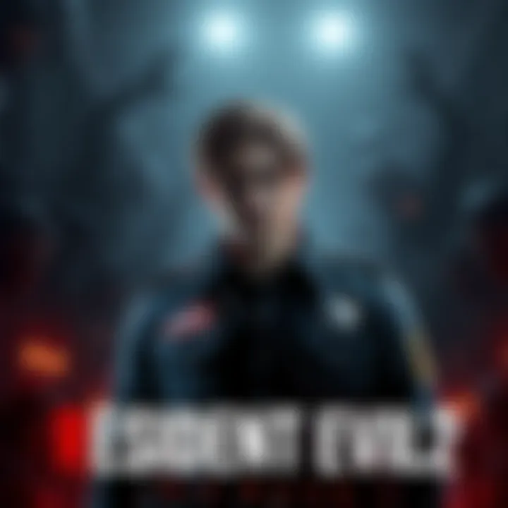 Leon Kennedy standing confidently in his police outfit, surrounded by dark, eerie elements representing survival horror.