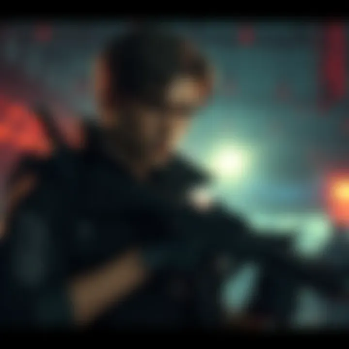 Leon, the main character from Resident Evil Requiem, looking serious and stylish with a firearm, surrounded by hints of a dark and tense atmosphere.