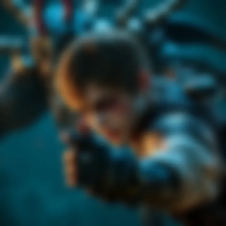 Leon in a dark, intense environment, fighting off a threatening enemy with determination