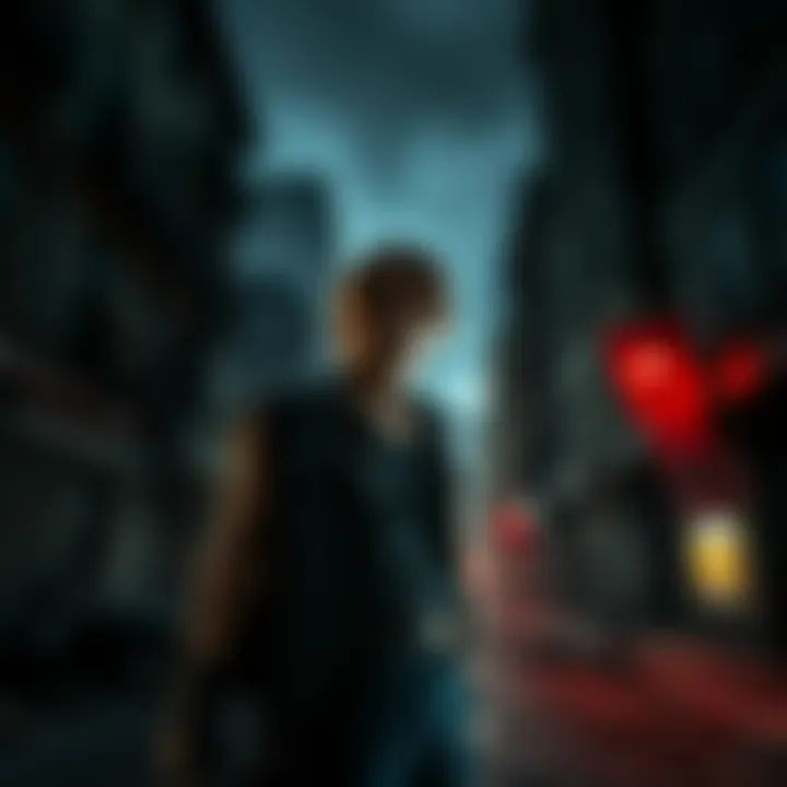 Leon S. Kennedy stands ready in the dark streets of Raccoon City, with a background of abandoned buildings and eerie shadows.