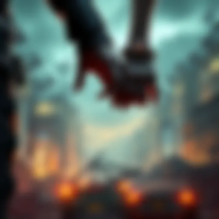 Leon S. Kennedy and Sherry holding hands, showing their engagement rings, with a backdrop of a ruined city from Resident Evil.