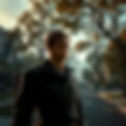 Leon Kennedy in a suburban setting A peaceful suburban neighborhood with trees and houses, suggesting where Leon might have lived outside of Raccoon City, near Wrenwood.