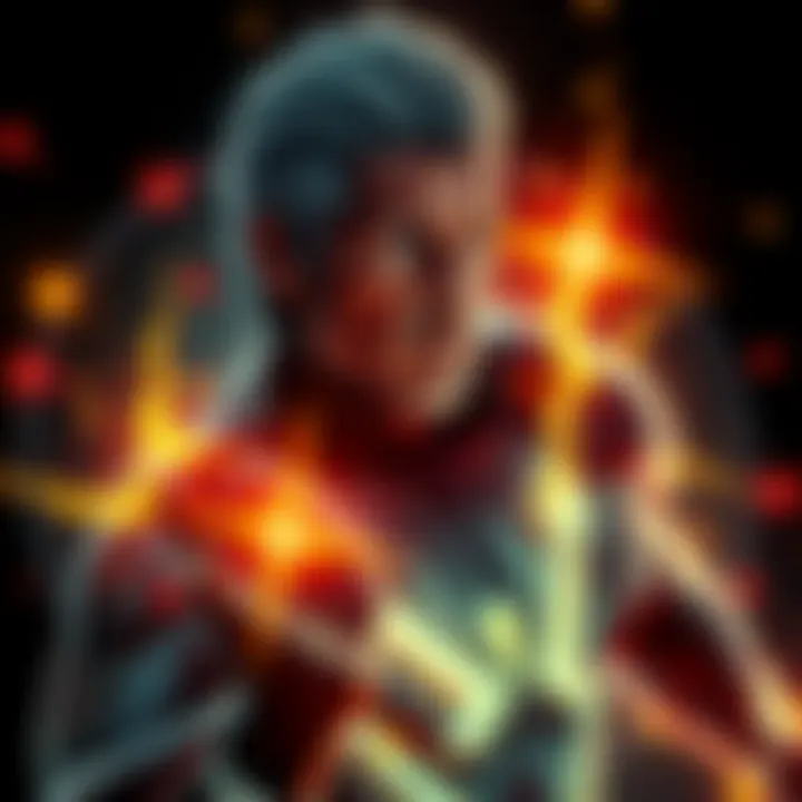 Leon shows enhanced powers with a glow around him, resembling superhuman strength and agility against a dark background.