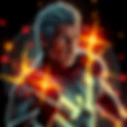 Leon with glowing abilities Leon shows enhanced powers with a glow around him, resembling superhuman strength and agility against a dark background.