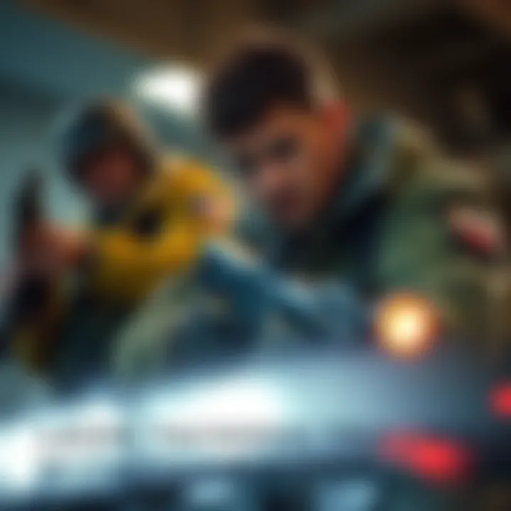 Leon in Action with Team Leon working with a team, focused on tackling trauma with guns and teamwork in a tense situation.