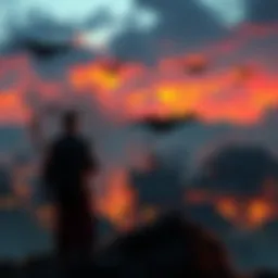 Leon looking determined amid a tense village battle scene, contemplating his next move.