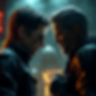 Battle between Leon and Wesker Leon and Wesker face off in a dark, eerie setting with intense expressions, ready for combat