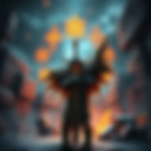 A leonine misbegotten creature stands gripping a legendary sword, surrounded by glowing symbols and ancient ruins, showcasing the power and allure of this iconic weapon.