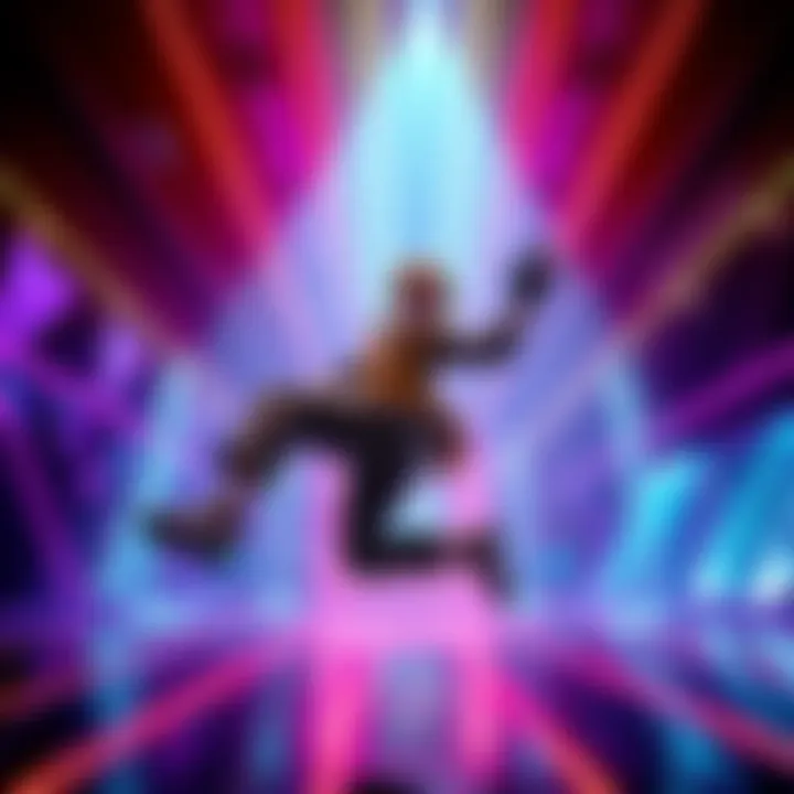 Leon's Acrobatics in the Laser Room A character performing acrobatic moves in a vibrant laser-filled room, showcasing skills and agility.