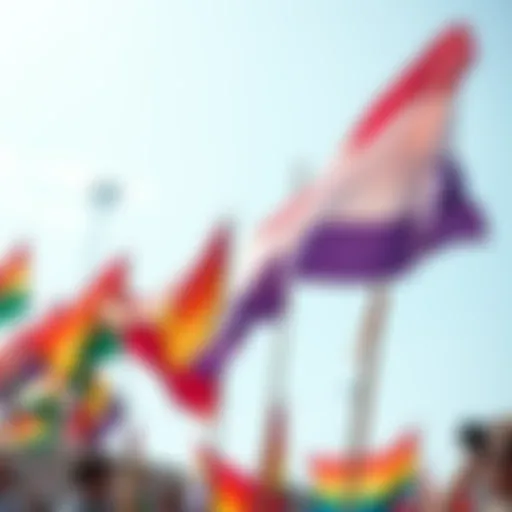 A vibrant display of lesbian pride flags waving in the wind at a community event, symbolizing acceptance and identity.