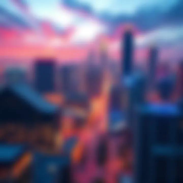 A vibrant city skyline representing lesser-known locations in video games, featuring buildings and urban elements, highlighting cities like Atlanta.