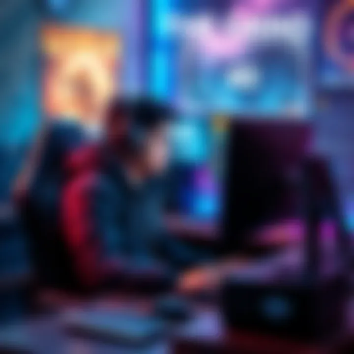 Level Up Gaming Strategies A gamer focused on leveling up their character, sitting in front of a computer with a bright screen showing progress towards level 40, surrounded by gaming gear.