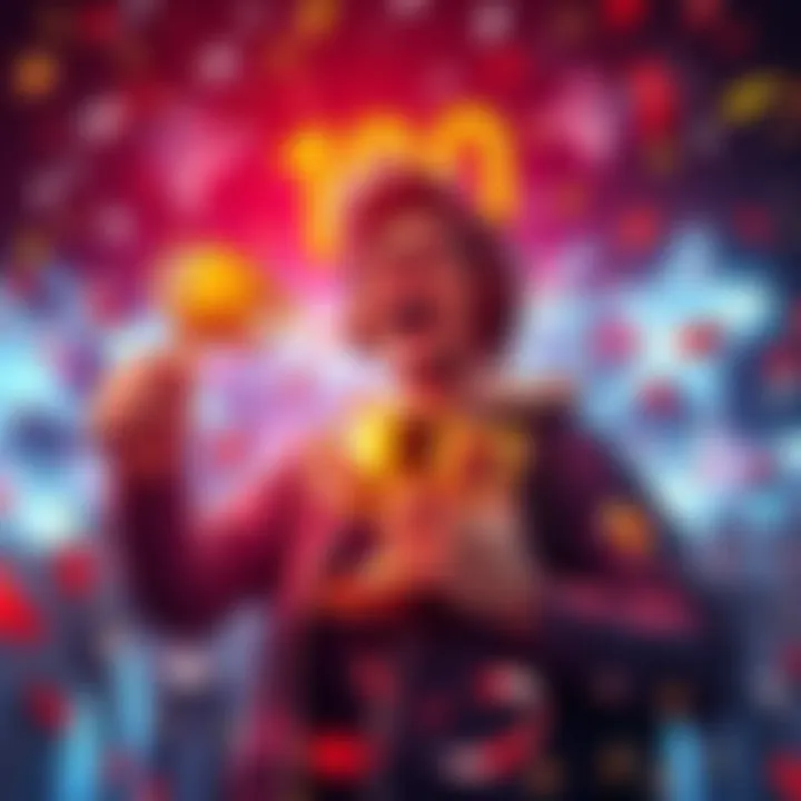 A gamer joyfully celebrating reaching level 100 with a trophy and confetti around them.