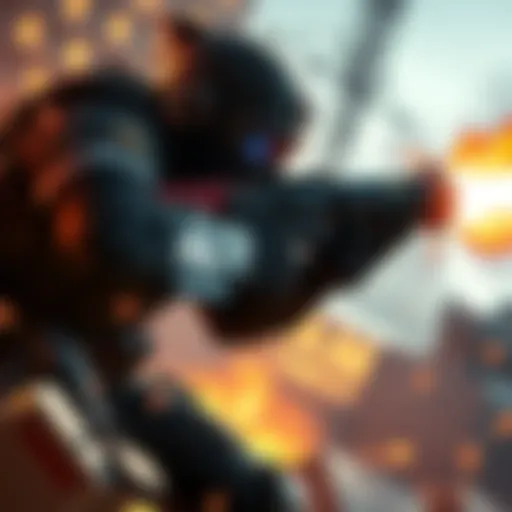 A level 1 Stitcher character firing a powerful weapon in Dam Battlegrounds, overpowering opponents with rapid fire.