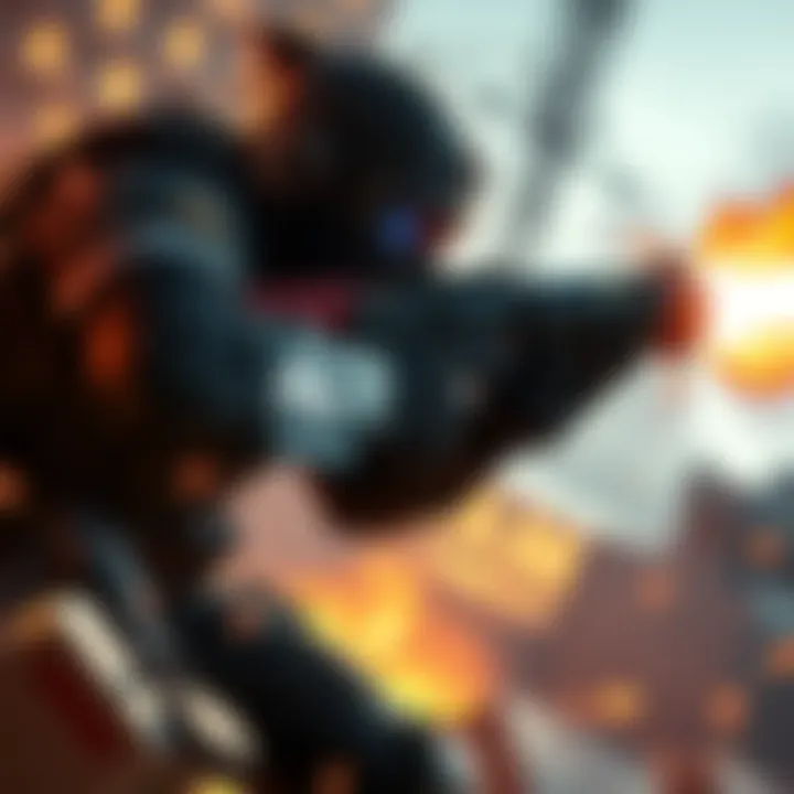 A level 1 Stitcher character firing a powerful weapon in Dam Battlegrounds, overpowering opponents with rapid fire.