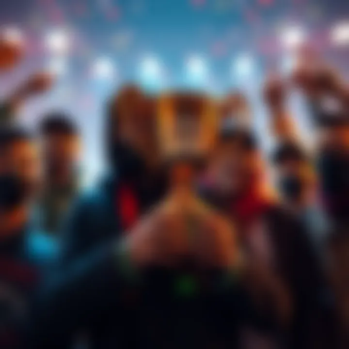 A gamer proudly holding a trophy with a Level 300 label, surrounded by friends celebrating.