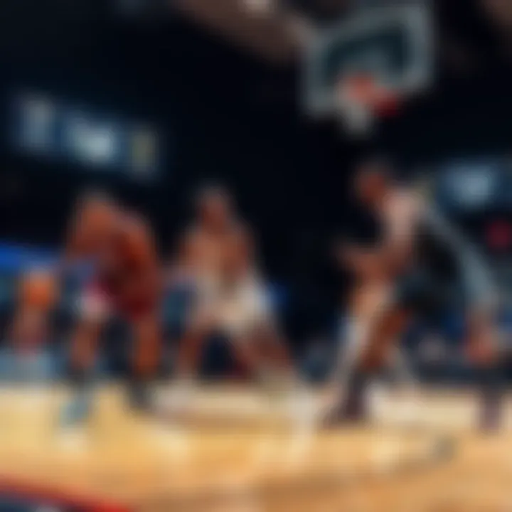 A competitive basketball game showing players strategizing and executing skills at a high level.