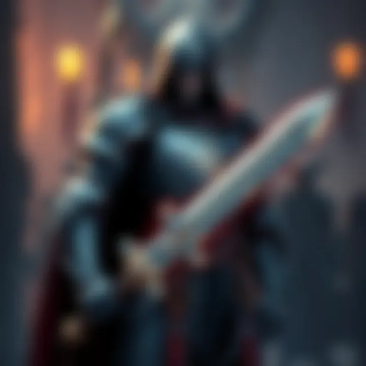 A Level 18 Confessor character in battle armor, looking determined while holding a +1 Broadsword, standing in a fantasy environment, preparing to face a challenging enemy.