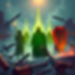 An illustration showing different character levels in Tarnished Edition surrounded by game elements like weapons and shields.