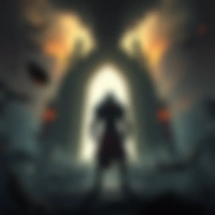 A character in armor stands before a glowing portal, contemplating leveling up in a dark fantasy setting, surrounded by ominous shadows and ancient ruins.