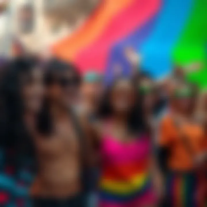 A group of diverse LGBTQ+ individuals celebrating together at a pride event, wearing colorful outfits and smiling joyfully.