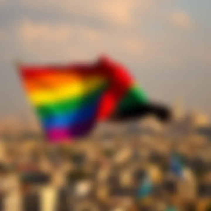 A pride flag waving against a backdrop of Gaza's cityscape, symbolizing LGBTQ+ identity and resilience.