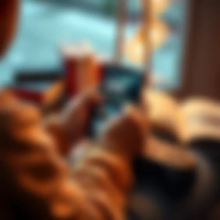 Libby App Features A person using the Libby app on a smartphone while sitting with books and a game controller nearby