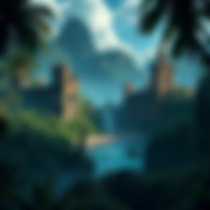 A scenic view of the pirate city Libertalia, showcasing crumbling structures and dense jungle, reflecting Nathan Drake's adventure.