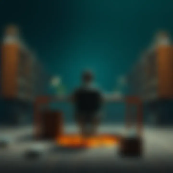 A librarian sitting at a desk with a surprising hole beneath his chair, surrounded by books and a dimly lit library.