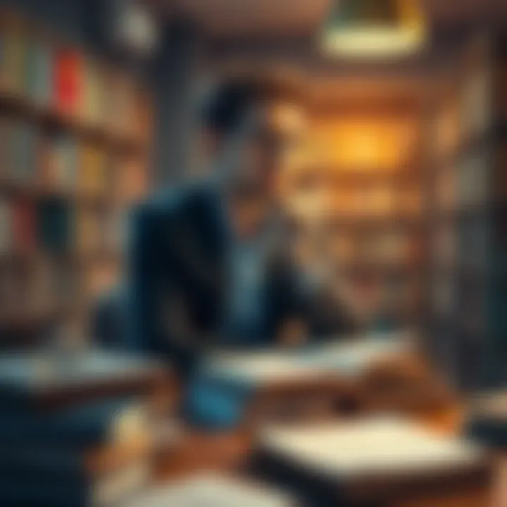 A thoughtful librarian sitting at a desk surrounded by books, contemplating life choices and their meanings.