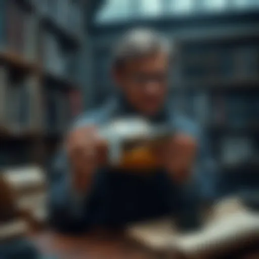 A Librarian holding a turtle next to an ink bottle, surrounded by scrolls and books, with a curious expression.