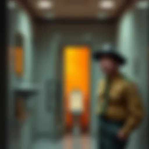 Inside a library bathroom showing a glory hole and a park ranger looking surprised, raising eyebrows at the situation.