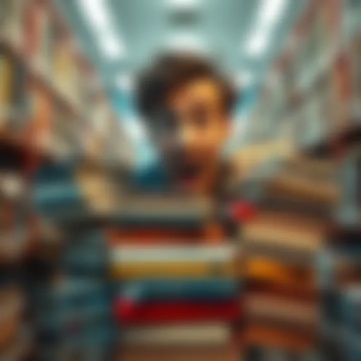 A person humorously overwhelmed by stacks of stolen library books, looking surprised and amused in a library setting
