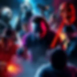 A collage of various licensed killers, including iconic horror characters like Myers and Demogorgon, showcasing their unique abilities in action during gameplay.