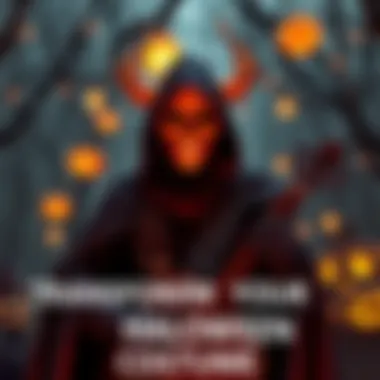 A person wearing a creative Lich Bard costume featuring dark robes, a skull mask, and musical instruments, set against a Halloween backdrop.