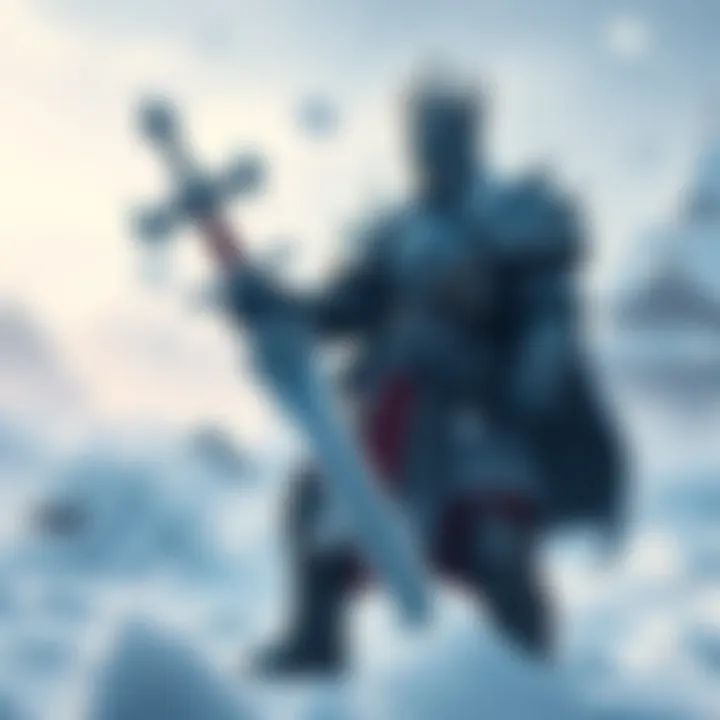 Lich King stands on a snowy battlefield, wearing armor and a crown, wielding a frosty sword, surrounded by ice and snow