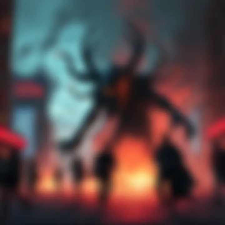 A dark lich with glowing eyes causing chaos in a city, with people running in fear and smoke rising from the ground.