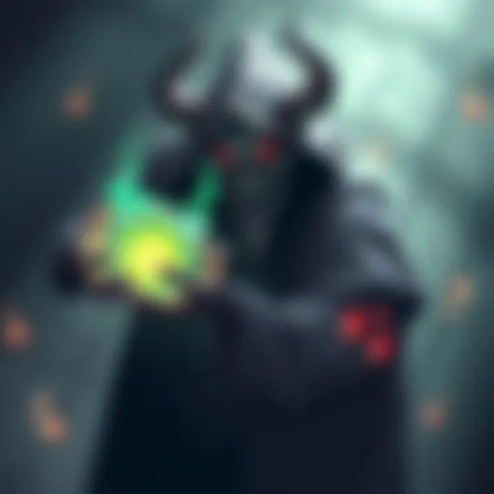 A character resembling a Lich, holding a magical orb with dark energy emanating from it, surrounded by shadows and mystical symbols, representing its vengeful nature.