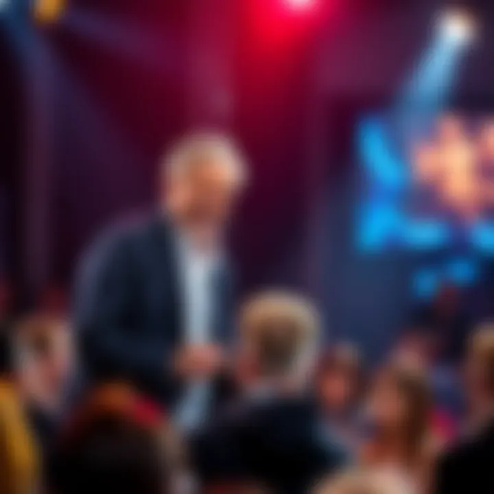 Lief hosting a talent introduction Lief delivering a humorous talent introduction on stage, engaging the audience with laughter